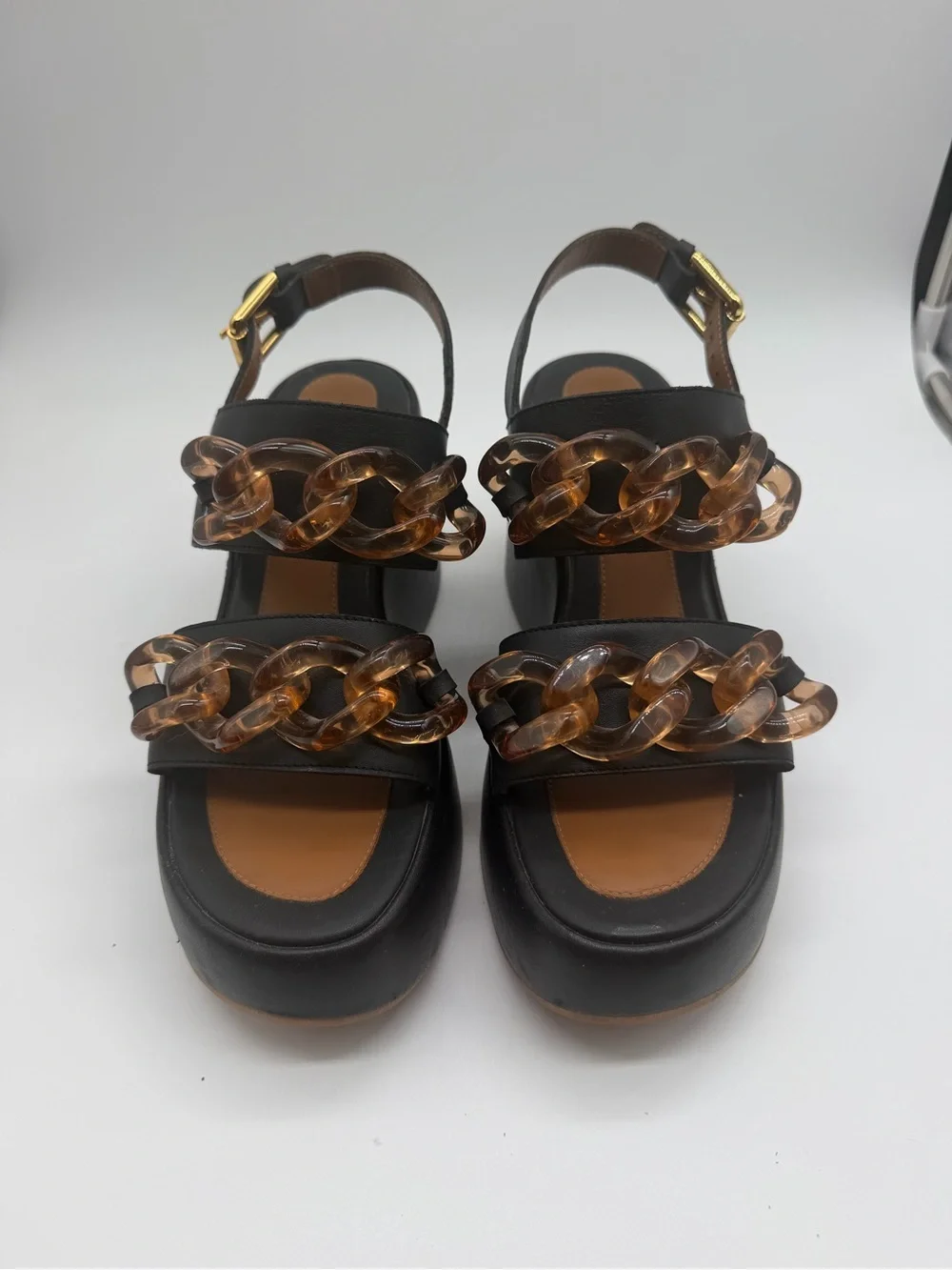 See by Chloé Black Platform Sandals with Tortoiseshell Chain Sz 39 EU 8 US